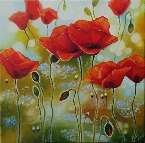 Fiori Dipinto Olio Su Tela The Sun On The Poppies Papaveri Eur