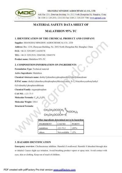 MSDS-malathion 95% TC - Shanghai Mingdou Chemical Co.,Ltd