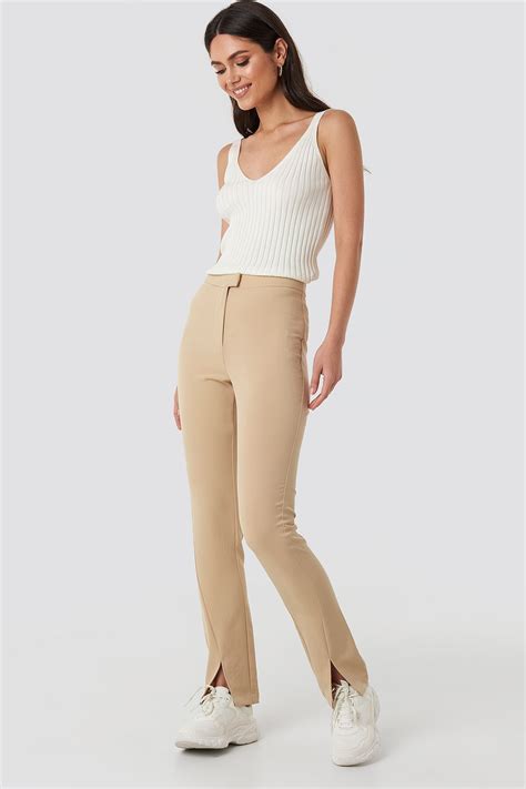 Front Slit Suit Pants Beige Na