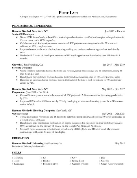 Sql Developer Cv Examples For Resume Worded