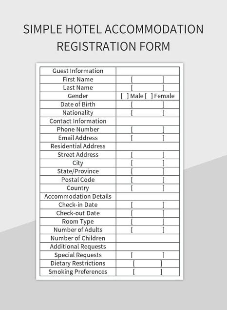 Simple Hotel Accommodation Registration Form Excel Template And Google