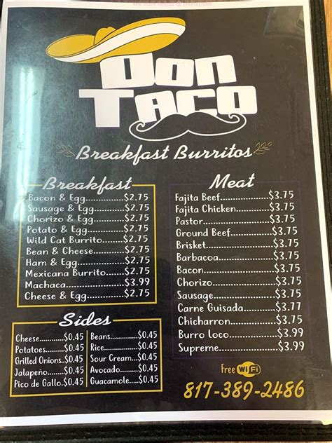 Menu at Don Taco Breakfast Burritos restaurant, Godley