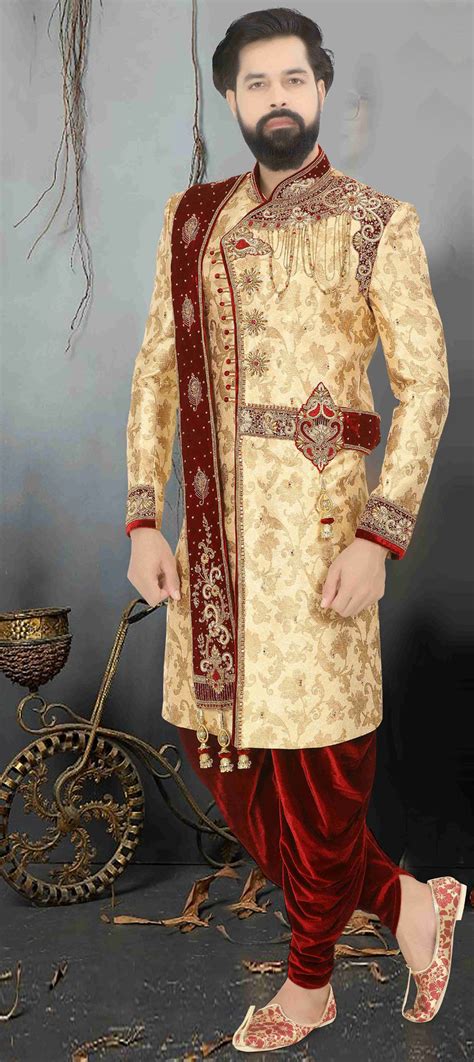 Gold Color Brocade Dupion Silk Fabric Dhoti Sherwani 1644772