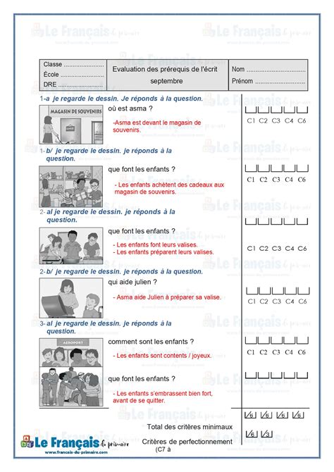 Évaluation de la production écrite correction 4ème année Prérequis