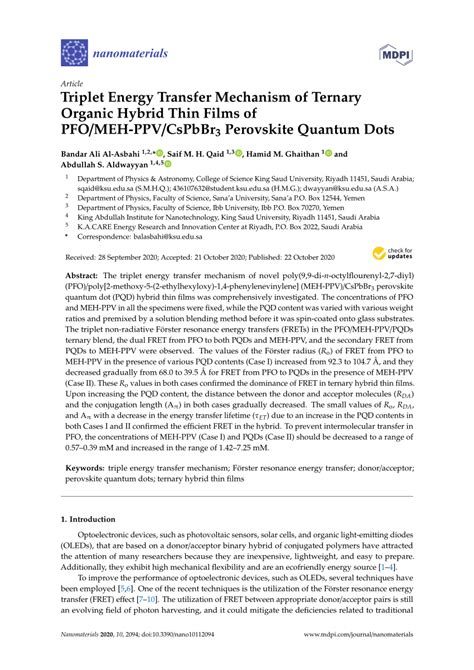 Pdf Triplet Energy Transfer Mechanism Of Ternary Organic Hybrid Thin