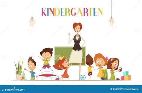 Kindergarten Teacher with Kids Cartoon Illustration Stock Vector - Illustration of alphabet ...