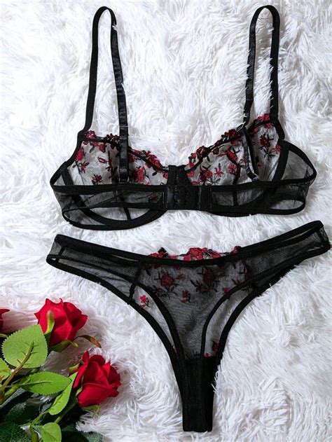 Embroidery Mesh Underwire Lingerie Set Shein South Africa