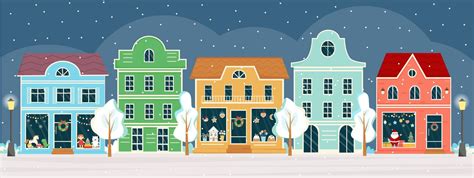 Street with shops and houses at winter night on Christmas eve. Sweet ...