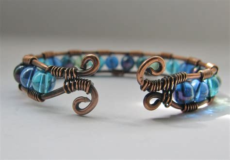 Copper Wire Wrapped Cuff Bracelet In Shades Of The Sea Etsy