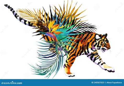 Tiger And Exotic Palm Leaves And Flowers Watercolor Illustration