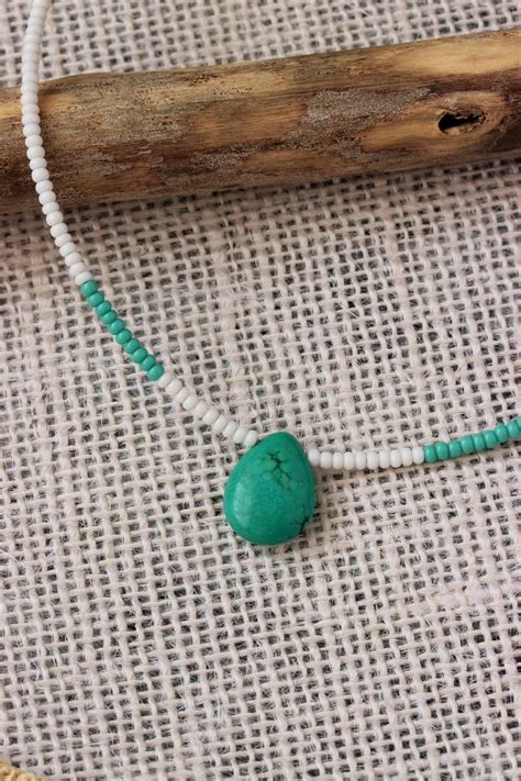 White Seed Bead Necklace With Turquoise Stone Bead Turquoise Etsy