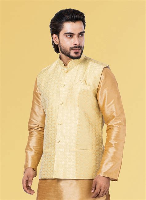 Buy Yellow Jacquard Silk Nehru Jacket Jacquard Nehru Jacket Online