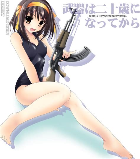 Safebooru 1girl Ak 47 Assault Rifle Barefoot Brown Hair Feet Gun