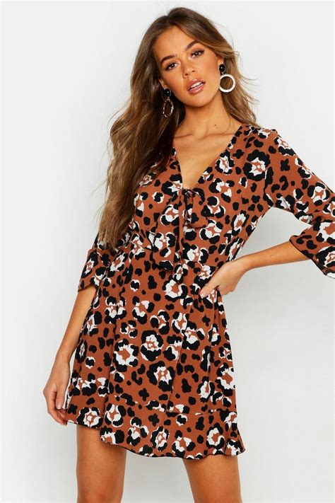 Womens Tie Front Leopard Tea Dress Boohoo Uk