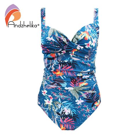 Andzhelika Blue Print One Piece Swimsuit Women Sexy Tummy Control Bathing Suits Slimming High