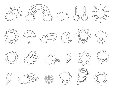 Set of cute black and white weather icons Coloring page for kids ...