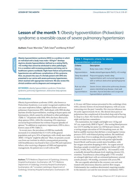 Lesson Of The Month Obesity Hypoventilation Pickwickian Syndrome