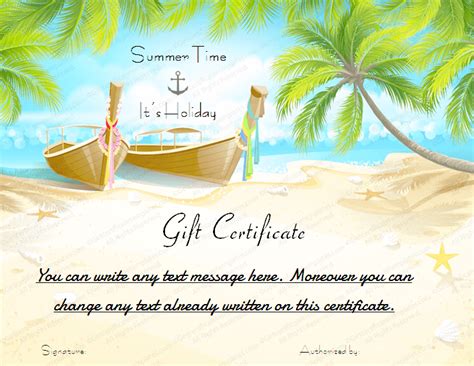 Printable Beach Holiday T Certificate Template