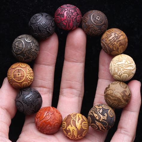 Natural Wooden Beads Carving Bracelet Multi-Beads Men's 20mm Carved ...