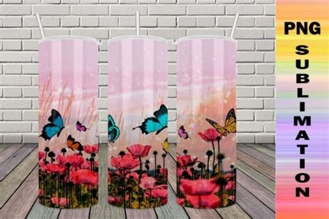 Glitter Tumbler 20oz Flower Butterfly Graphic By Tantapat2385