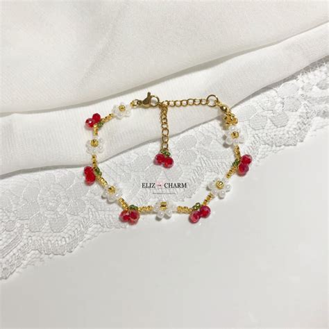 Jual Bracelet Cherry Beads Daisy Stainless Steel Gelang Manik Bunga