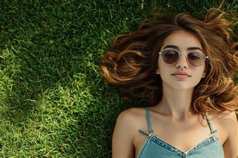 Premium AI Image A Woman Laying In The Grass With Her Hair Blowing In