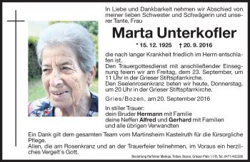 Traueranzeigen Von Marta Unterkofler Trauer Bz