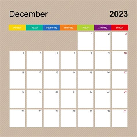 Página de calendario para el planificador de pared de diciembre de 2023