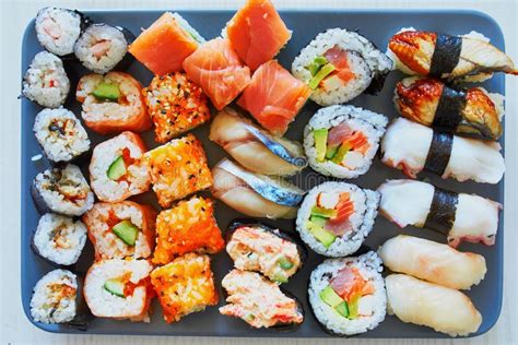 Variety Of Sushi Served On A Plate Stock Photo Image Of Fish Algae