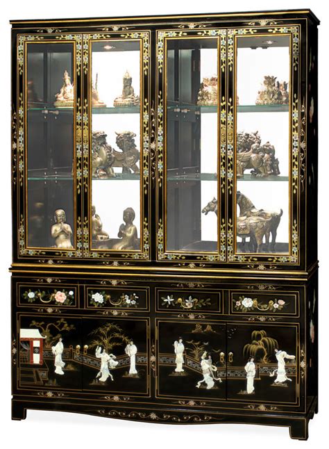 60 Black Lacquer Pearl Figure Motif China Cabinet Asian China