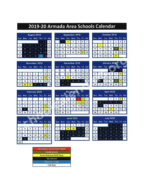 2019 - 2020 District Calendar | Armada Area Schools – Armada, MI