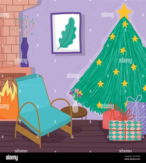 Christmas Tree Home With Stars Ts Chair Chimney And Picture Vector