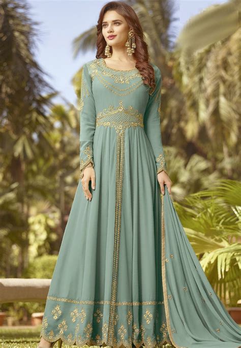 Blue Shade Soft Georgette Long Embroidered Trouser Anarkali Suit 20024