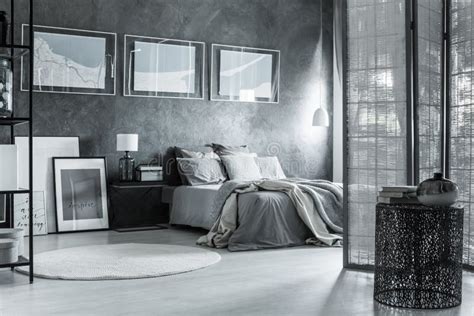 Monochromatic Gray Bedroom, Mixed Textures Stock Photo - Image of ...