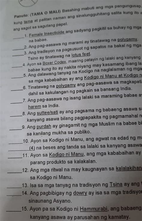 Panuto Tama O Mali Basahin Ng Mabuti Ang Mga Pangungusap Isulat Ang