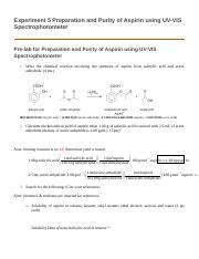 Pre Lab Activity No 5 Preparation And Purity Of Aspirin Using UV VIS