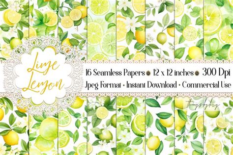 Seamless Watercolor Lime Lemon Citrus Digital Papers