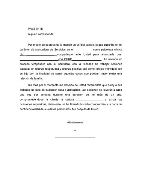 Carta De Iniciacion De Terapia Presente A Quien Corresponda Por