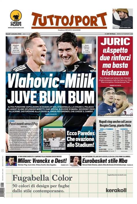 Prima Pagina Tuttosport “vlahovic Milik Juve Bum Bum” Pianeta Milan