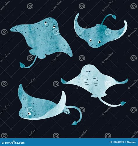 Vector Set Of Cute Watercolor Stingrays Stock Vector Illustration Of