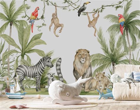 African Animals Wallpaper Giraffe Parrots Monkeys Kid - Etsy