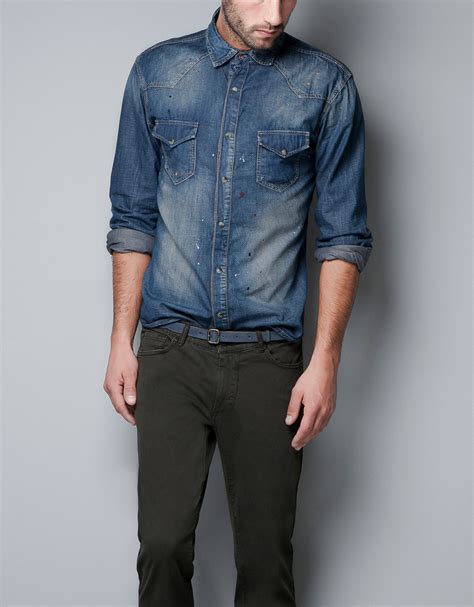 Zara Painted Denim Shirt In Blue For Men Lyst