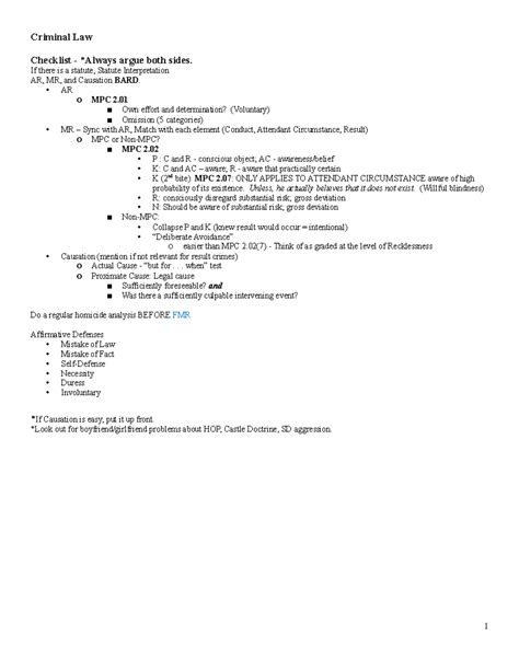 Crim Law Outline Fall Criminal Law Checklist Always Argue