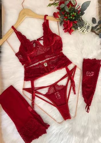 Conjunto Lingerie Sexy Cinta Liga Em Renda Meia E Luva