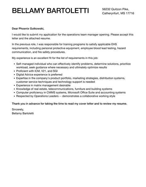 Operations Team Manager Cover Letter Velvet Jobs