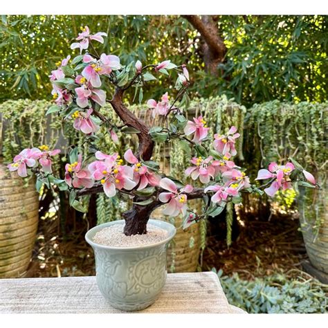 Vintage Large Chinese Jade Glass Bonsai Tree Cherry Blossom Flowers