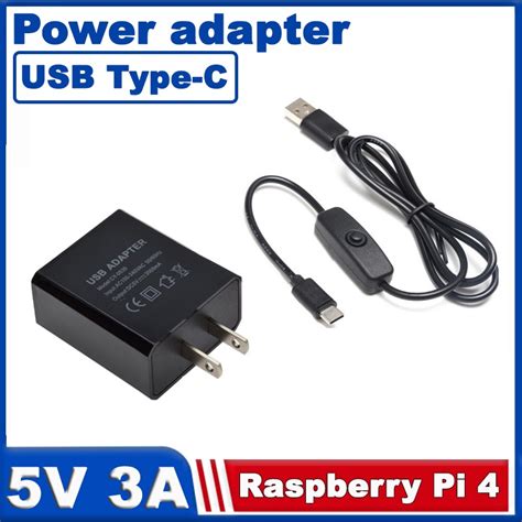 Raspberry Pi 4 Power Supply 5v 3a Type C Switch Charger Cable Us Plug