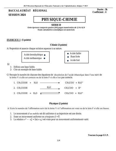 Sujet Bac Blanc 2024 Dren Abidjan 1 PC D By Tehua