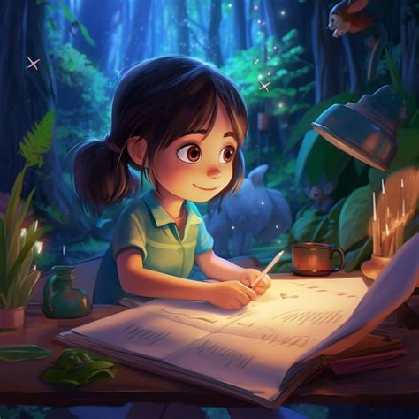 Niña de dibujos animados escribiendo en un libro en un escritorio con