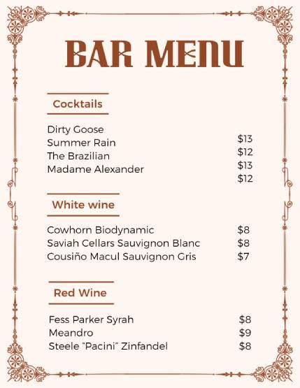 Bar Menu Design Templates Free Editable Downloadable